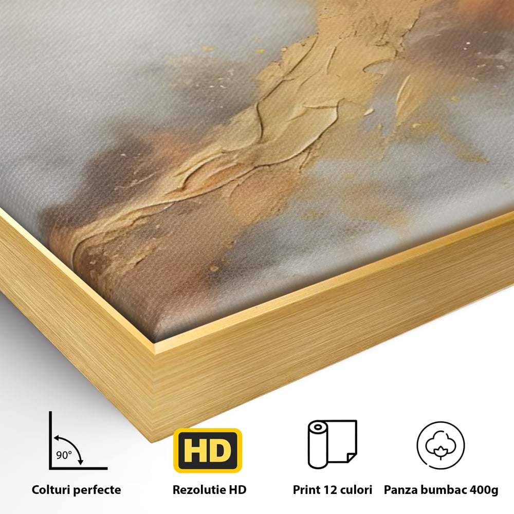 Detaliu al suprafetei: pictura abstracta cu tusa aurie si tonuri gri, in rama de aluminiu auriu
